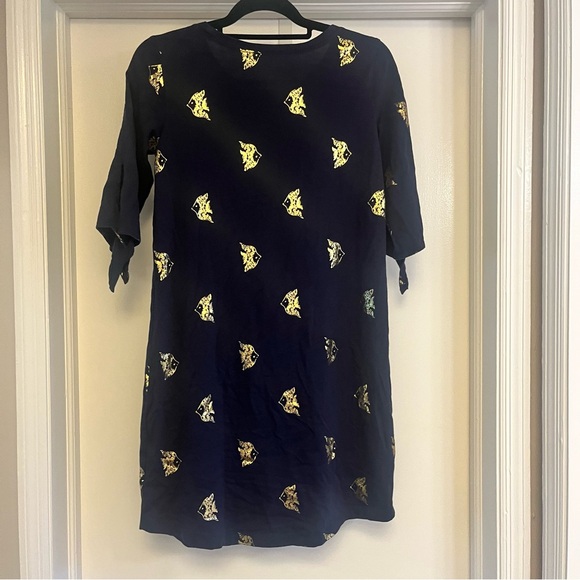 Lilly Pulitzer - Preston Short Tie-Sleeve Dress - Navy Gold Fish Print - Size S - Picture 5 of 7